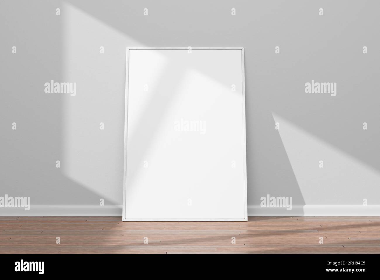 Design template for layout. Realistic, white wooden blank frame on a white wall and wooden floor. 3D rendering. Stock Photo