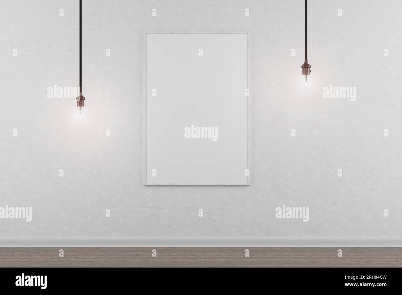 Realistic white wooden empty frame for photo or picture on white wall with vintage light bulb on wooden floor. Design template for layout. 3D renderin Stock Photo