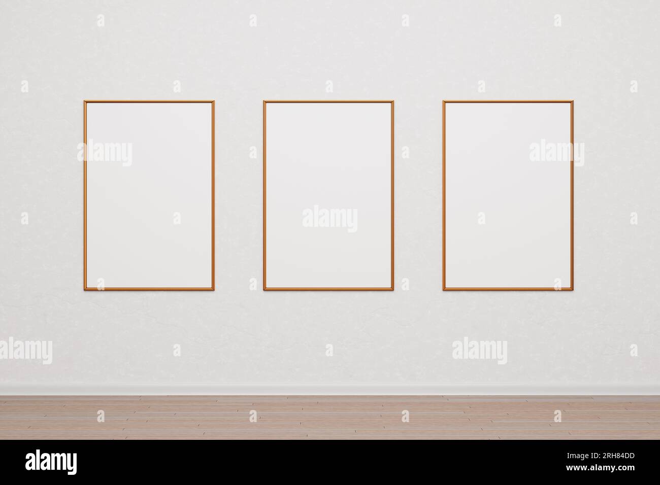 Three empty wooden frames for a photo or picture on a white wall. Mockup paintings, posters, photographs. Design template for layout. 3D rendering. Stock Photo
