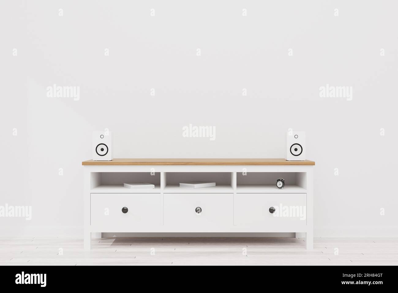 Bright room with TV cabinet. Place on the wall for your design. Empty room. 3d render. Stock Photo