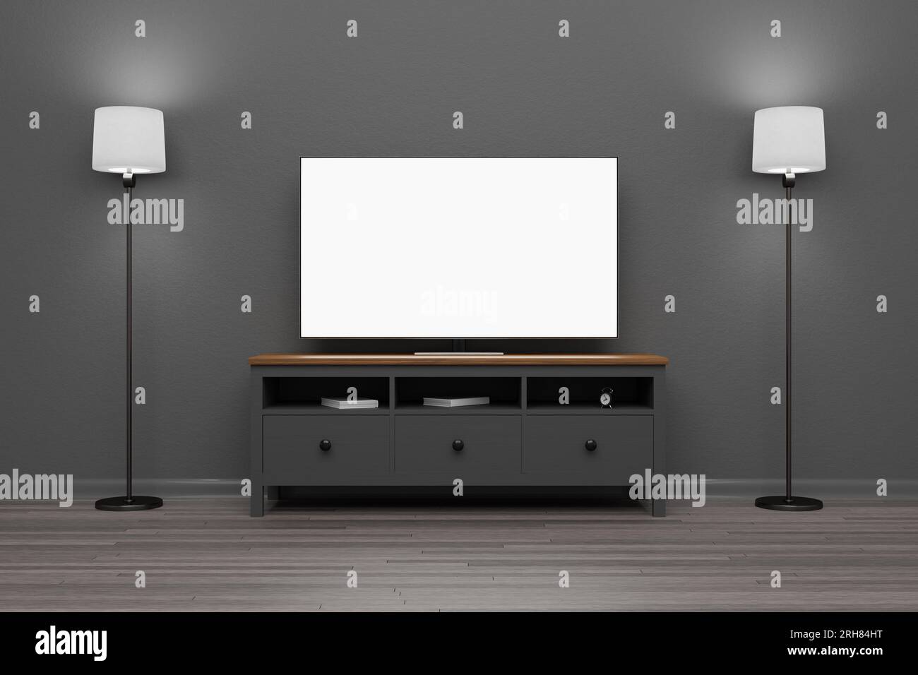 A TV with a blank white screen sits on a TV stand. TV furniture. TV mockup  in a dark room. TV room. 3D rendering Stock Photo - Alamy