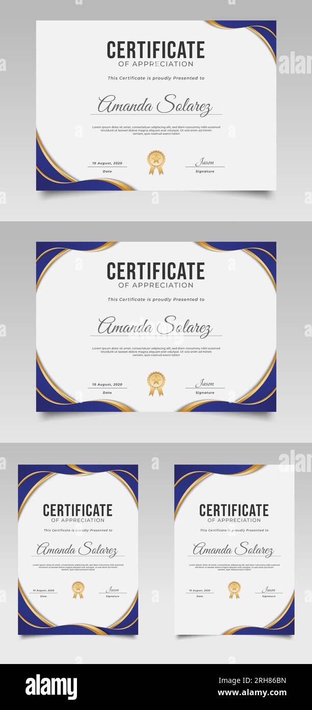 Certificate of appreciation template with blue and gold elements Stock Vector