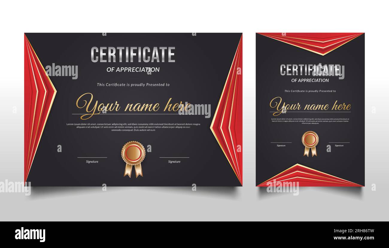 Elegant Geometric Certificate Template with Red and Gold Ornaments Stock Vector