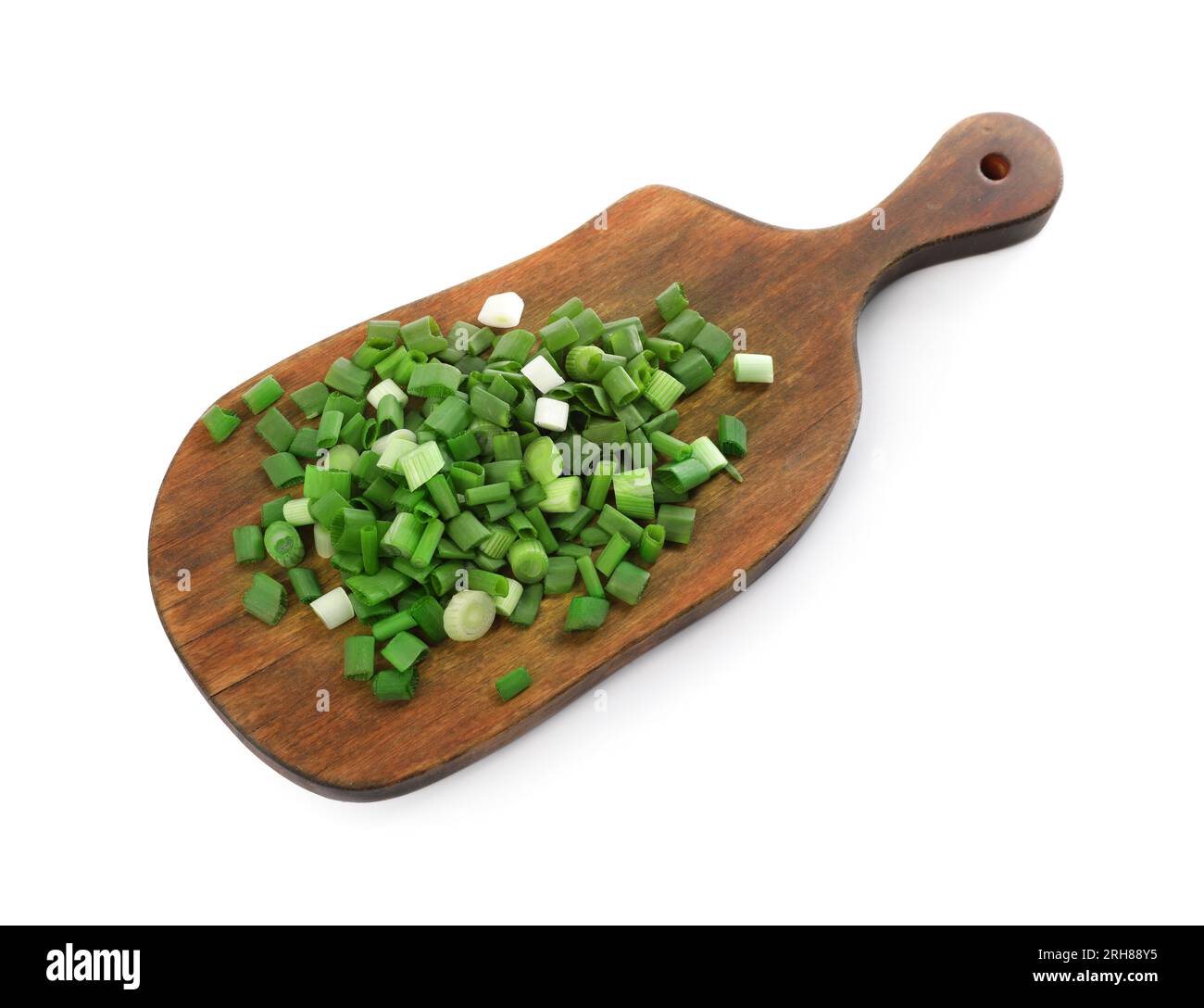 Wooden board with chopped green onion isolated on white, top view Stock ...