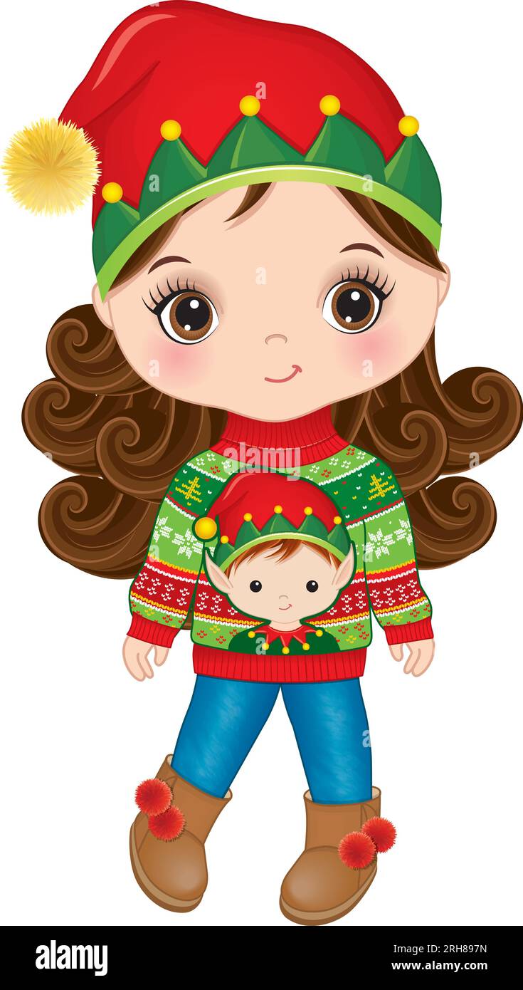 Cute girl wearing Christmas ugly sweater and Elf hat. Toddler girl is ...