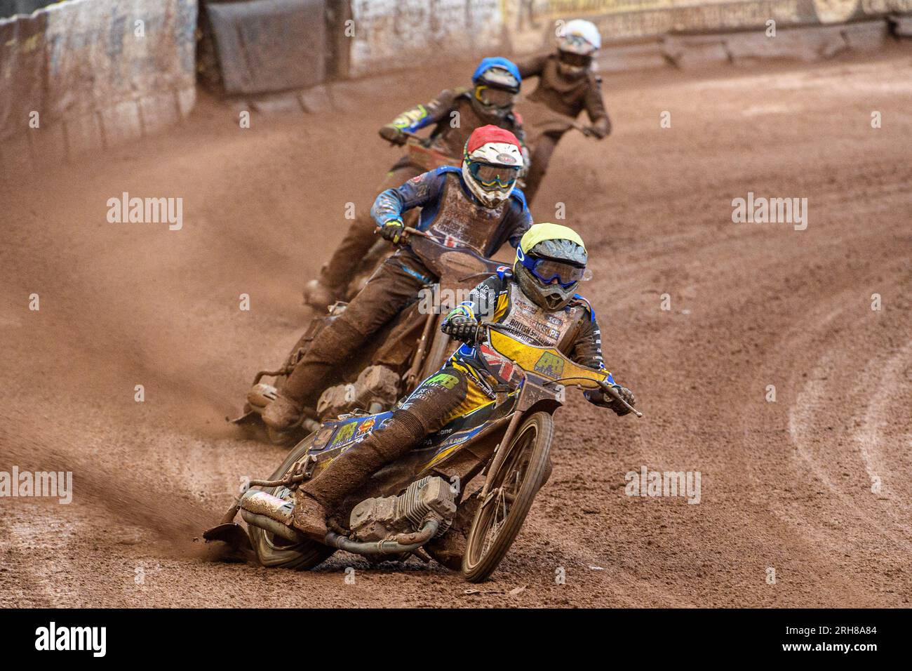 Manchester on Monday 14th August 2023. Ben Barker (Yellow) leads Richard Lawson (Red) Simon Lambert (Blue) and Sam Hagon (White) during the Sports Insure British Speedway Final at the National Speedway Stadium, Manchester on Monday 14th August 2023. (Photo: Ian Charles | MI News) Credit: MI News & Sport /Alamy Live News Stock Photo