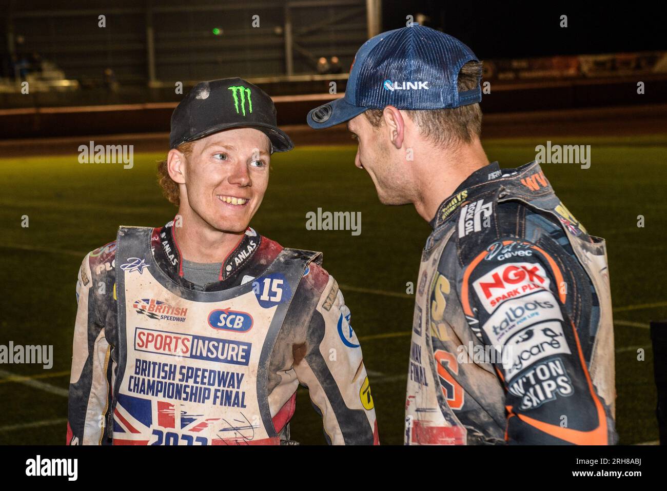 Manchester on Monday 14th August 2023. Dan Bewley (left) chats with Steve  Worrall during the Sports Insure British Speedway Final at the National  Speedway Stadium, Manchester on Monday 14th August 2023. (Photo: