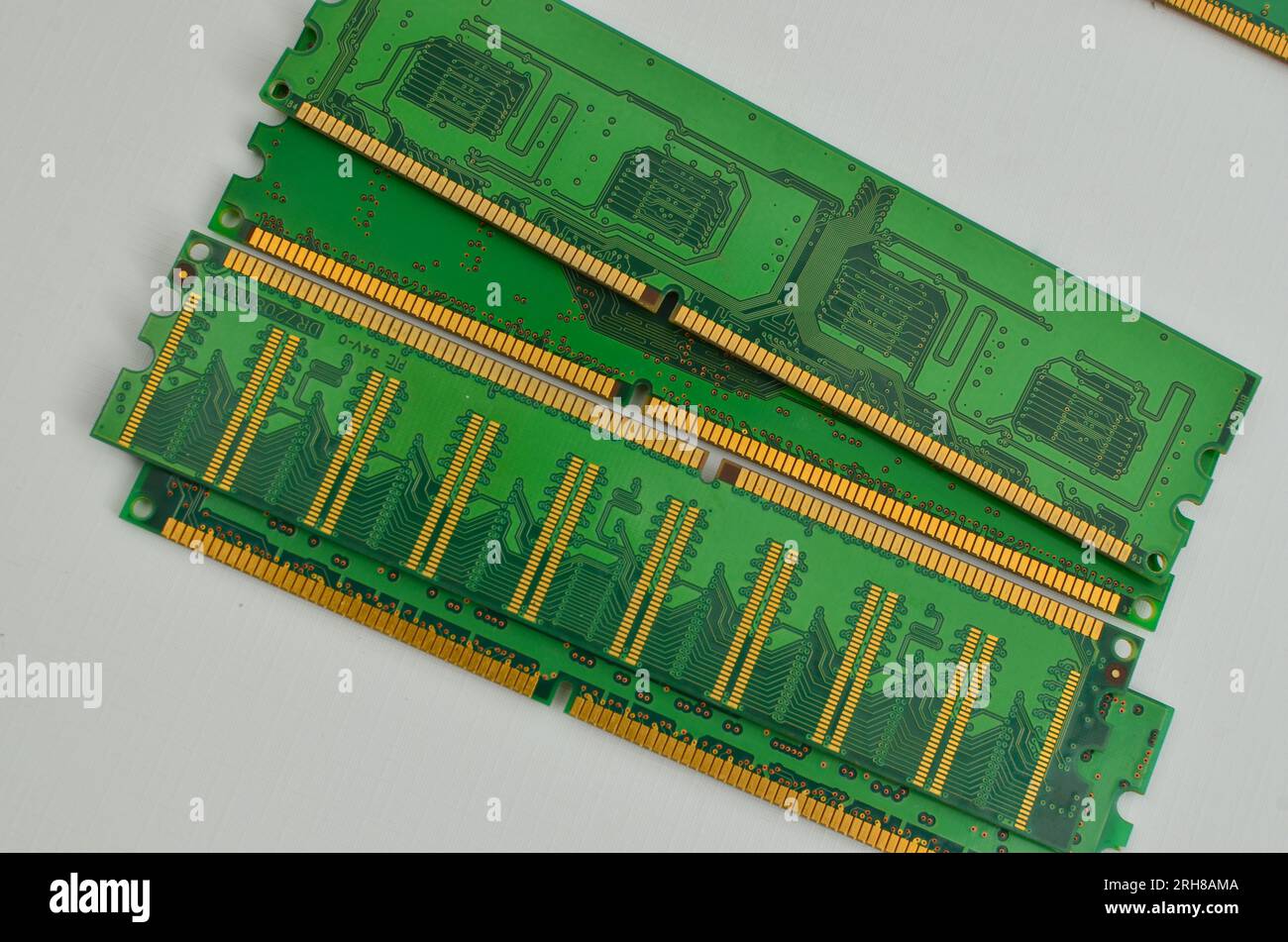 Closeup of a DDR4 RAM memory card, on a light background, illustrating technological innovation in the field of information technology. Stock Photo