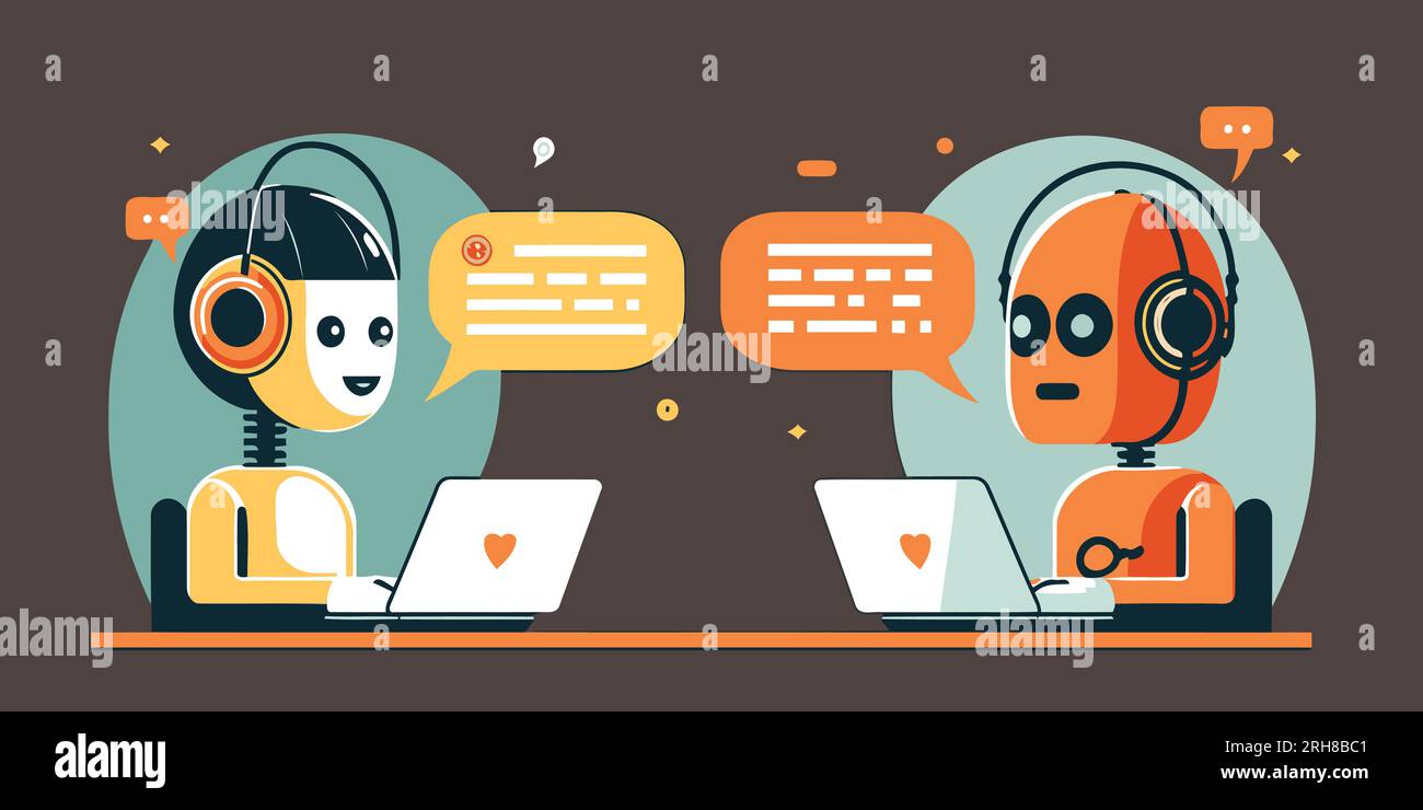 Two Cute Robots Chatting over Laptops. Vector Illustration. Chat Bots ...