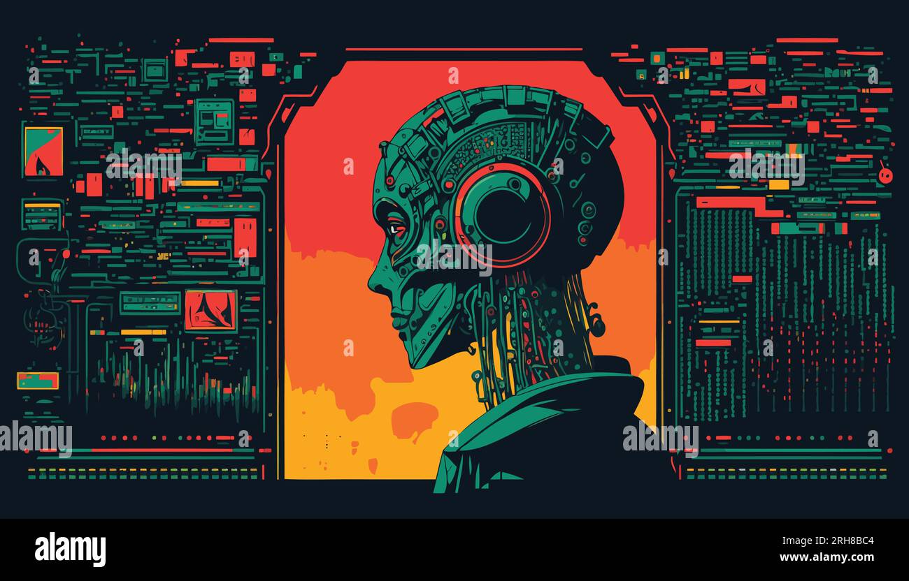 Robot / Cyborg with AI. Android Woman with Artificial Intelligence. Vector Art. Science Fiction, Machine Learning, Neural Network Concept Design. Stock Vector
