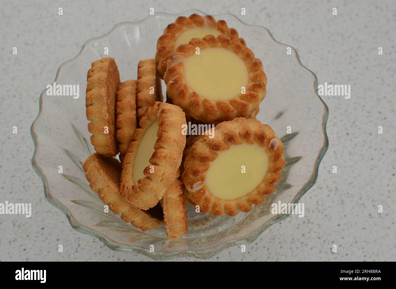 Closeup of delicious biscuits in the form of tartlets filled with