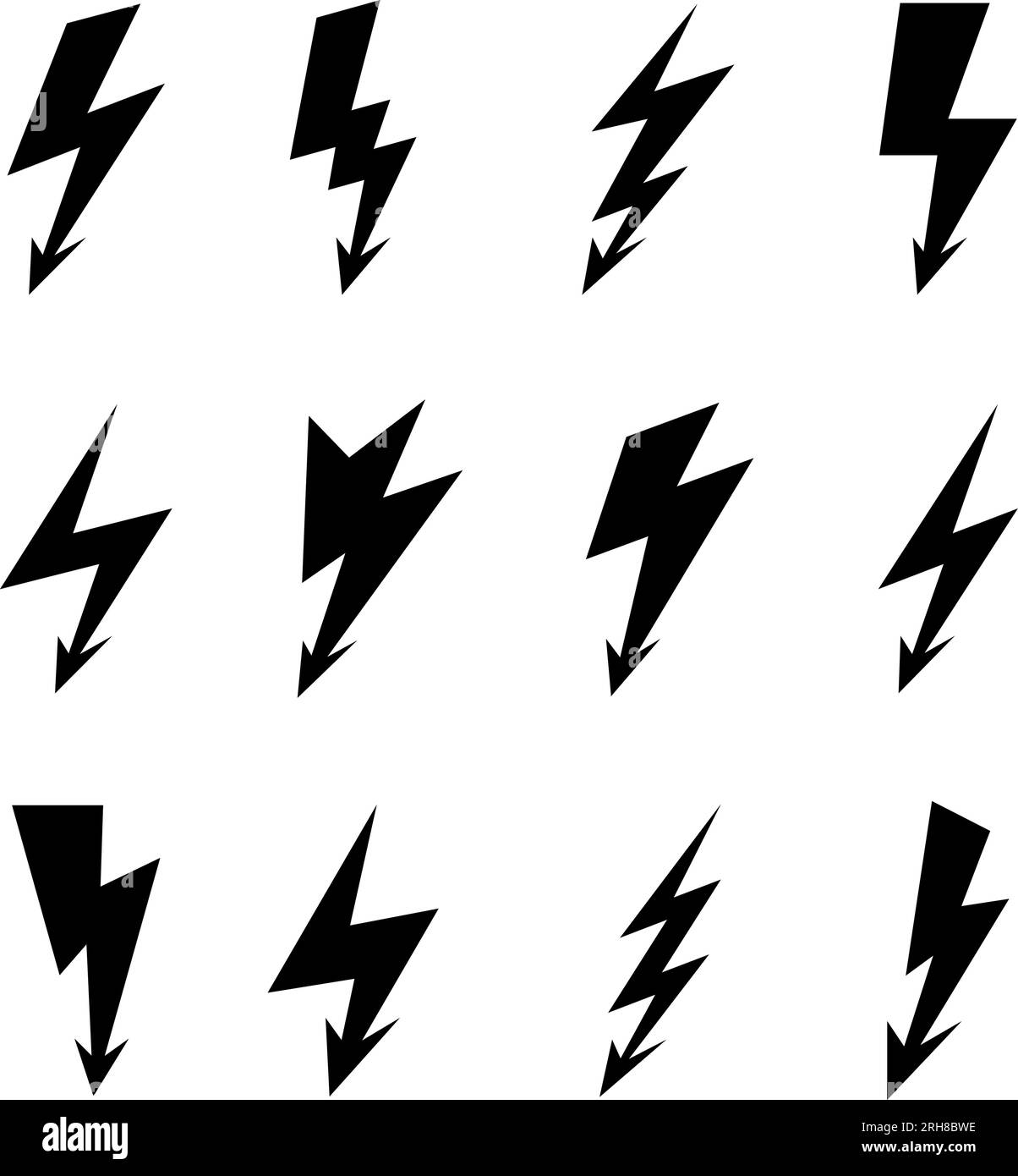 Black Lightning Bolt Icons Isolated on White. Simple Icon Storm or Thunder and Lightning Strike. Simple Cartoon Lightning Strike Sign with Shadow Effe Stock Vector