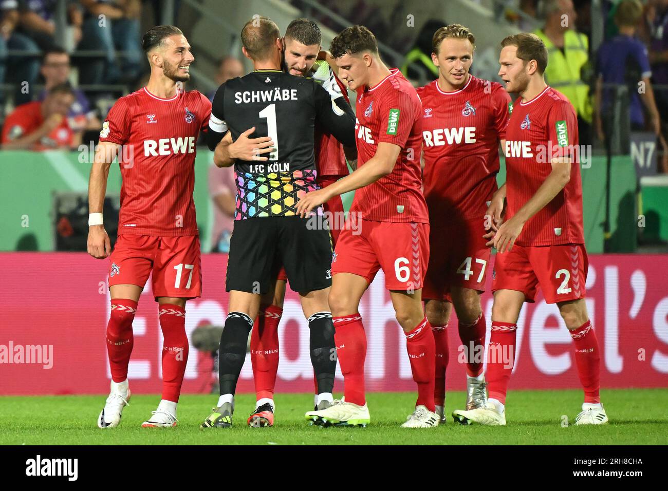 Osnabruck. 14th Aug, 2023. Julian Chabot (3rd L) of FC Koln celebrates scoring during the German Cup 1st round match between FC Koln and VfL Osnabruck in Osnabruck, Germany on Aug. 14, 2023. Credit: Ulrich Hufnagel/Xinhua/Alamy Live News Stock Photo