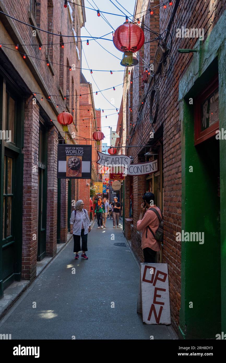 Victoria, British Columbia - August 2, 2023 - Shops in Fan Tan Alley in Chinatown on clear sunny summer day. Stock Photo