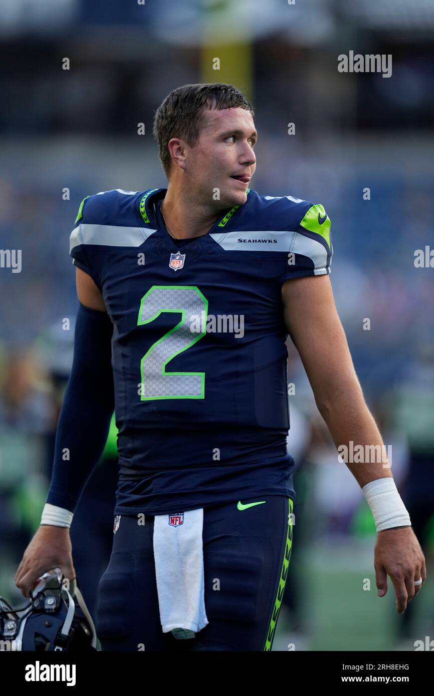 Seattle Seahawks quarterback Drew Lock (2) looks on before an NFL  pre-season football game against the Minnesota Vikings, Thursday, Aug. 10,  2023 in Seattle. (AP Photo/Ben VanHouten Stock Photo - Alamy