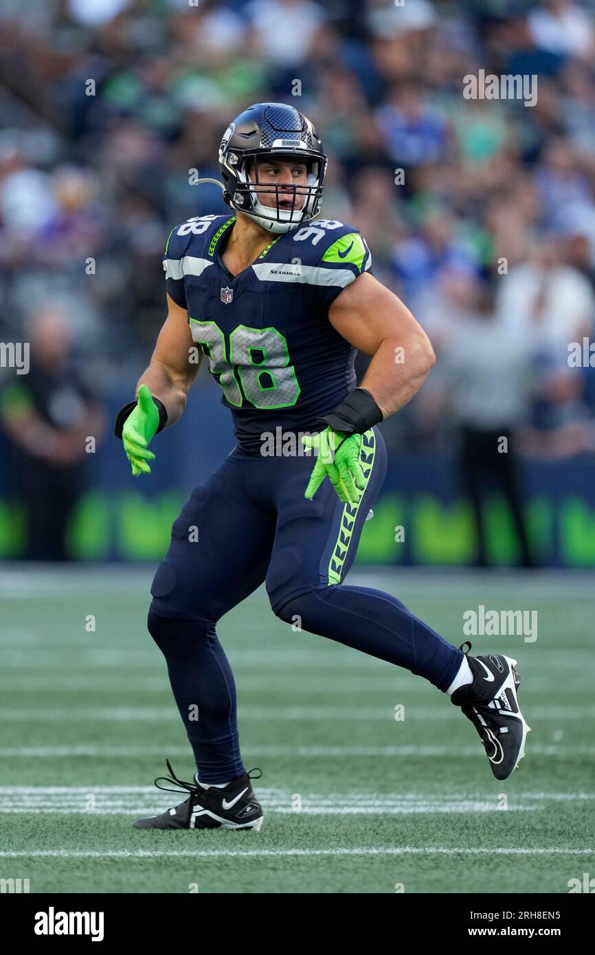 Seattle Seahawks linebacker Levi Bell (98) gets set during an NFL pre-season  football game against the Minnesota Vikings, Thursday, Aug. 10, 2023 in  Seattle. (AP Photo/Ben VanHouten Stock Photo - Alamy