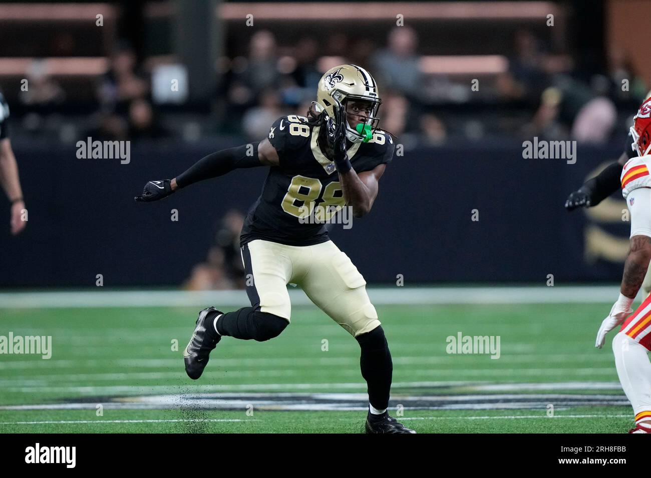 New Orleans Saints wide receiver Shaq Davis (88) runs off the line