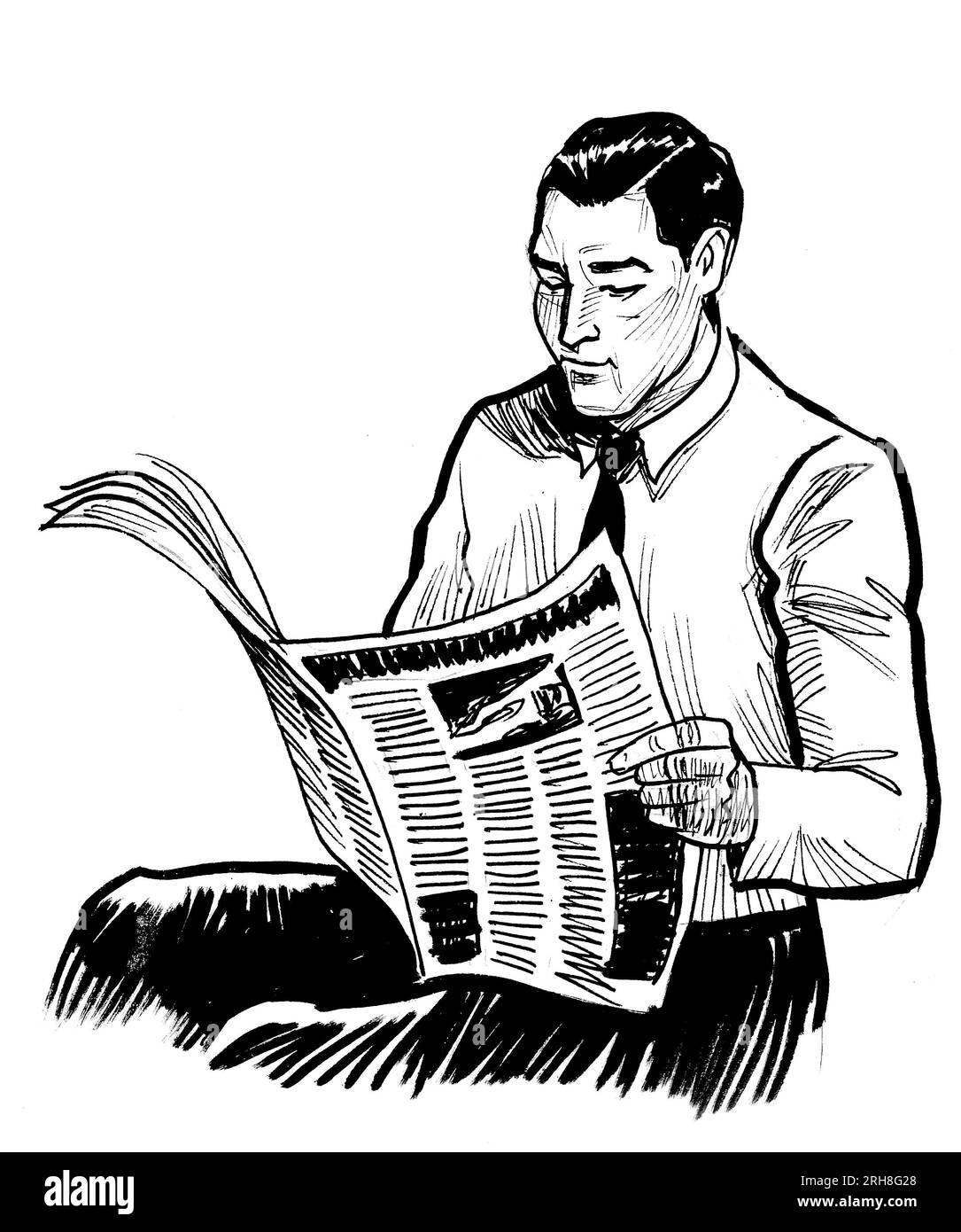 Man reading a newspaper. Handdrawn retro styled ink black and white