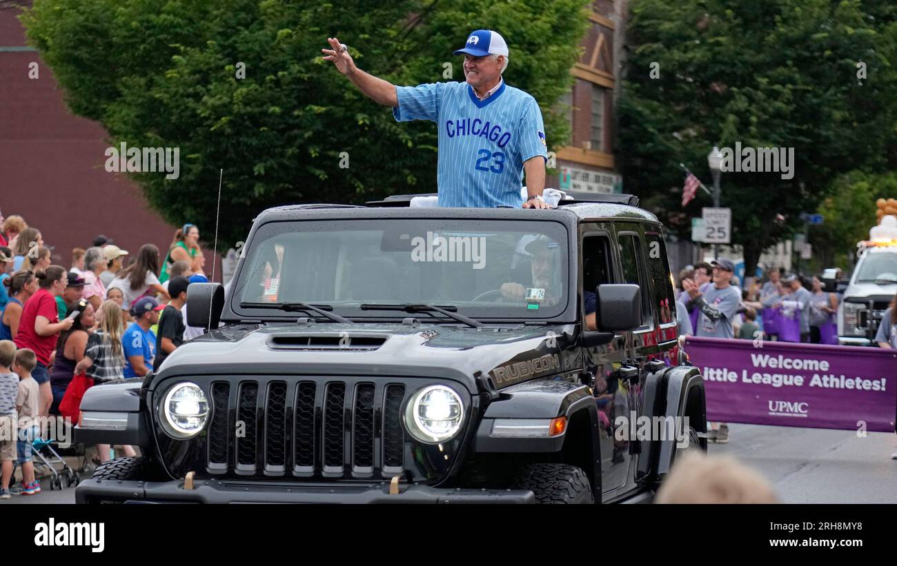 Baseball Hall of Fame infielder Ryne Sandberg, the Grand Marshall of this  year's Little League Grand Slam Parade, rides through downtown  Williamsport, Pa., Monday, Aug. 14, 2023. The Little League World Series