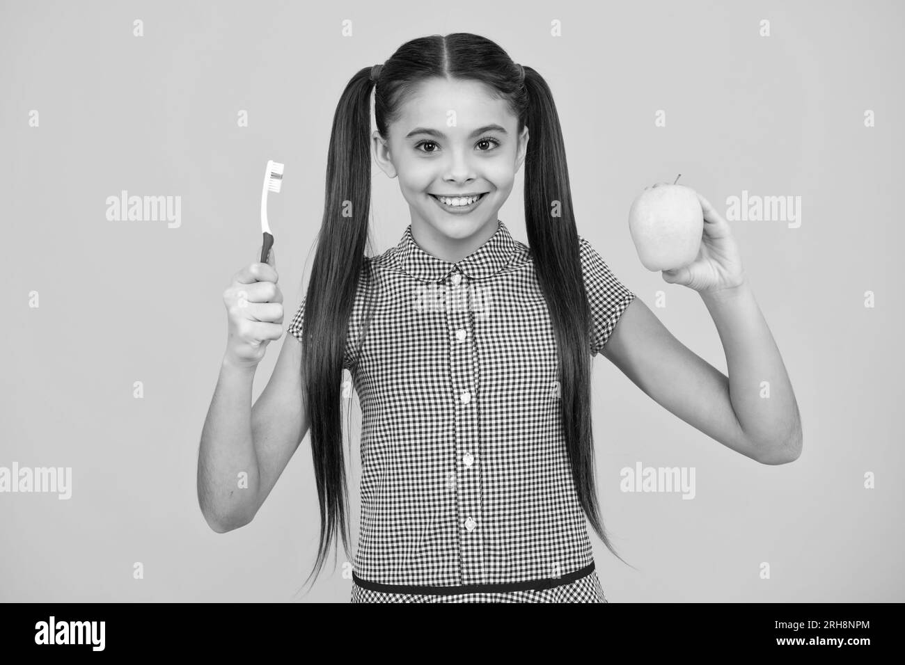 Teen girl hold toothbrush, childhood happiness, morning routine. Brush