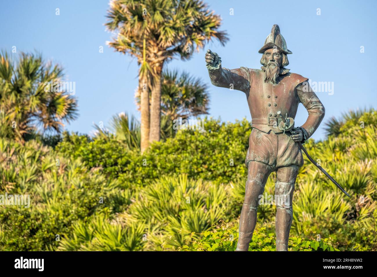Statue of Juan Ponce de Leon, Spanish explorer who led the first known European expedition to Florida, at Guana River Preserve, Ponte Vedra Beach, FL. Stock Photo