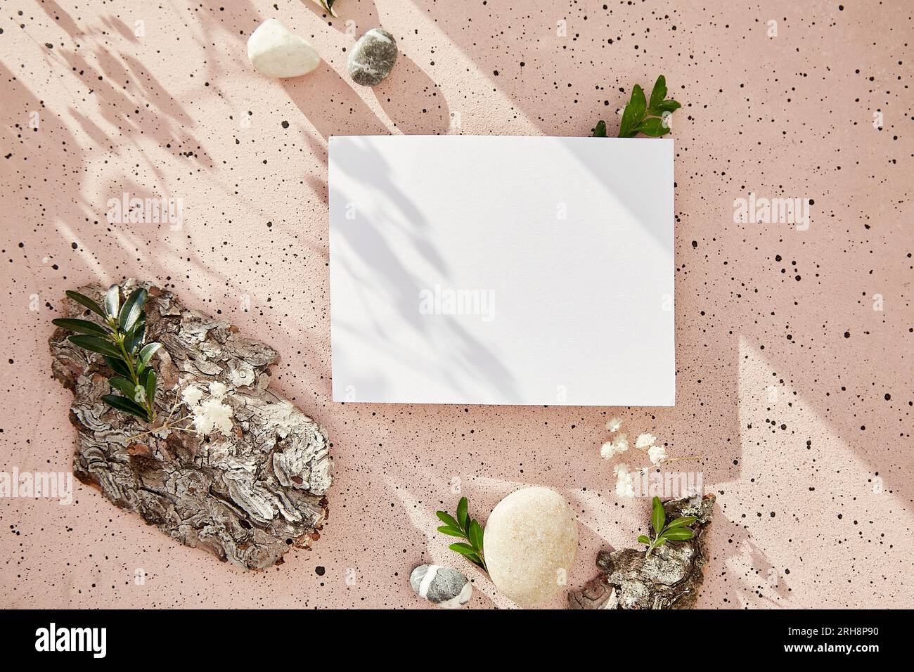 Sustainable, recycling, mock up, stationery card among natural tree bark, leaves, pebbles under shadows. Place for your text. Stock Photo