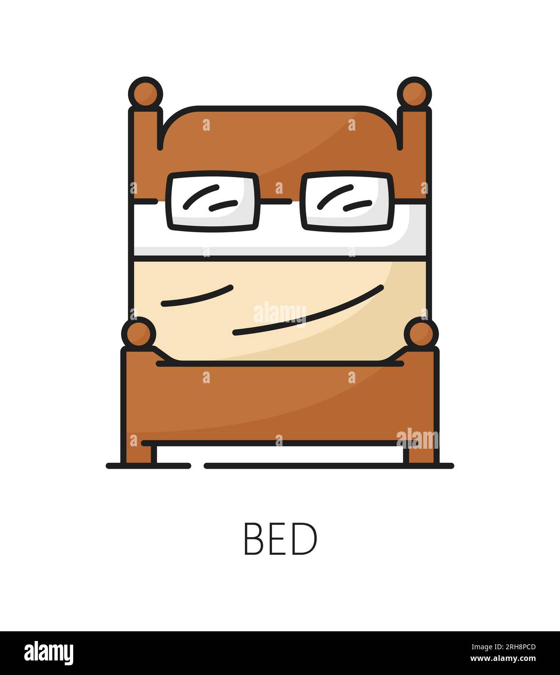 Bed furniture icon, home interior and bedroom room facility, vector line symbol. House couch or hotel bedroom double bed of wood in outline icon, living room lounge or household furniture pictogram Stock Vector