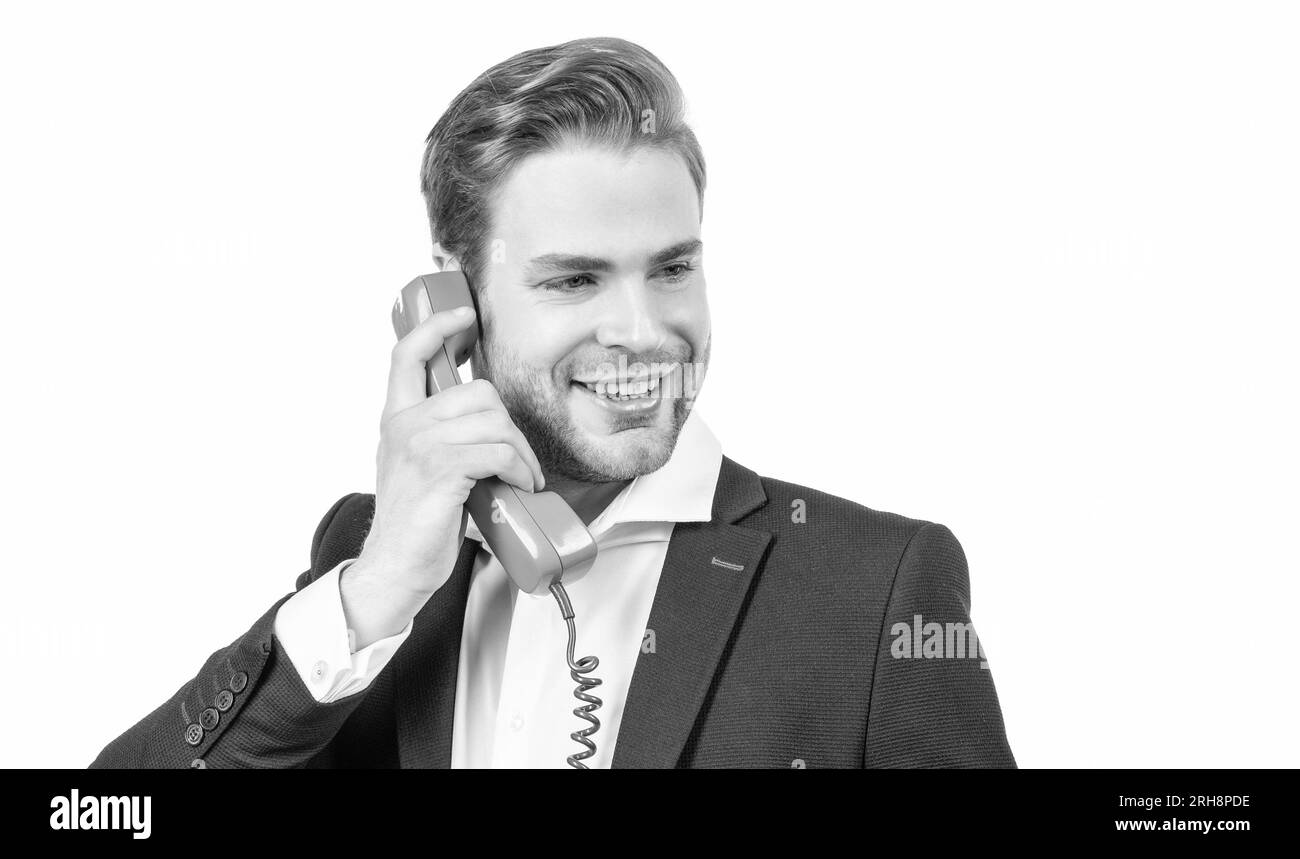 Whos calling. Happy man is on phone. Vintage telephone call. Calling more opportunity Stock Photo