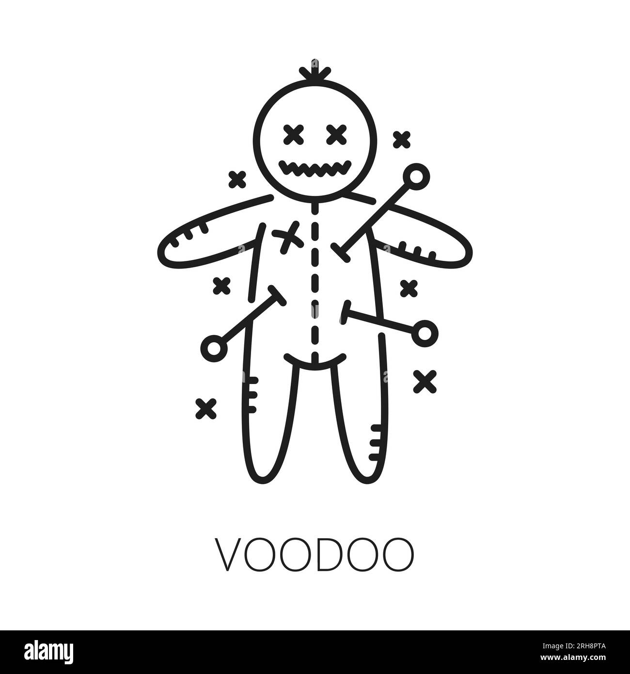 Voodoo witchcraft and magic icon. Mystery, esoteric, astrology symbol. Witchcraft object or sorcery curse linear vector symbol black magic thin line icon or sign with voodoo doll pierced by pins Stock Vector