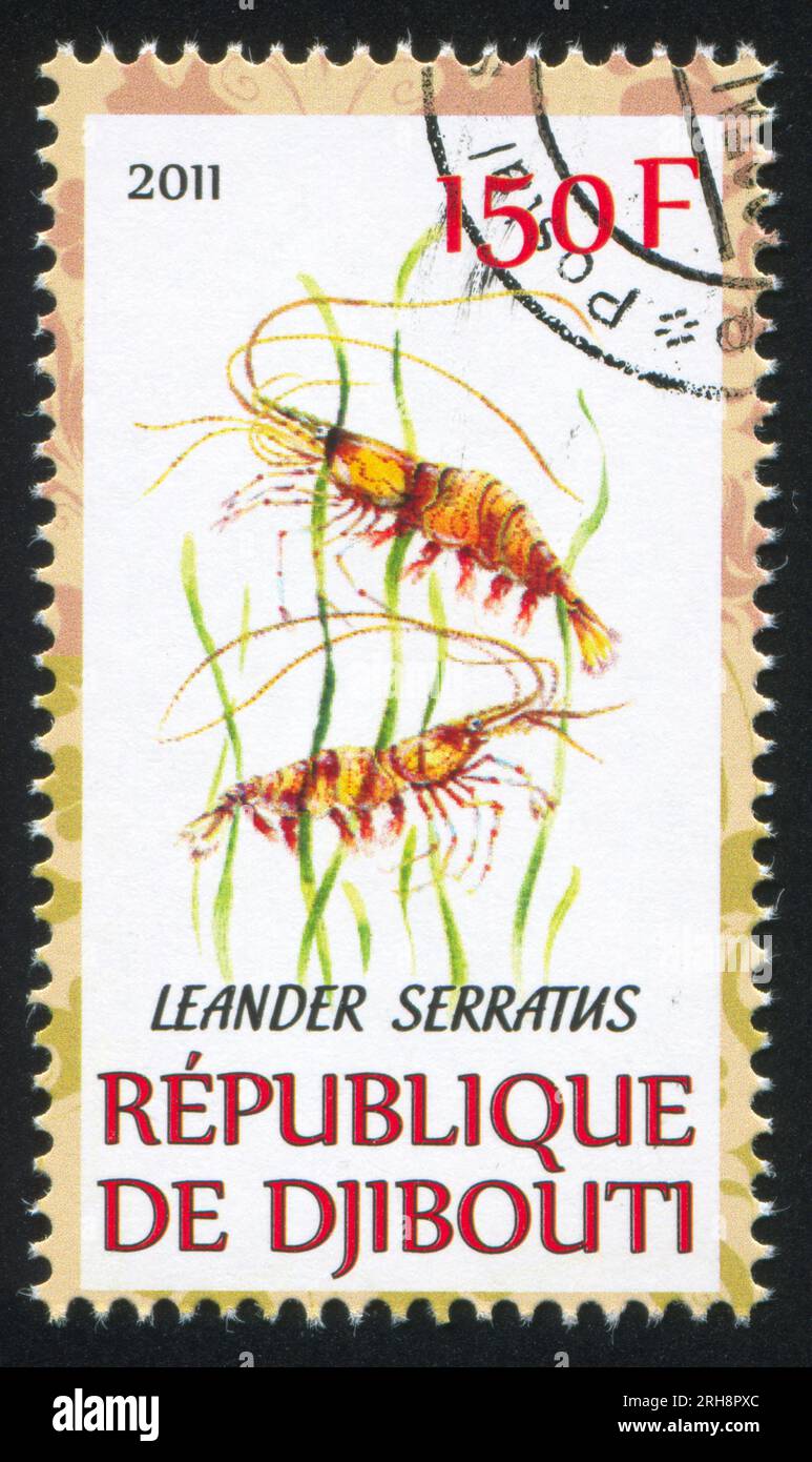 DJIBOUTI - CIRCA 2011: stamp printed by Djibouti, shows Palaemon serratus, circa 2011 Stock Photo