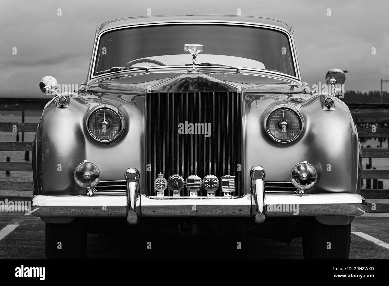 Front view of a vintage luxury car Rolls-Royce. Rolls Royce Silver Cloud Series classic car was the main model of the Rolls-Royce car range from April Stock Photo