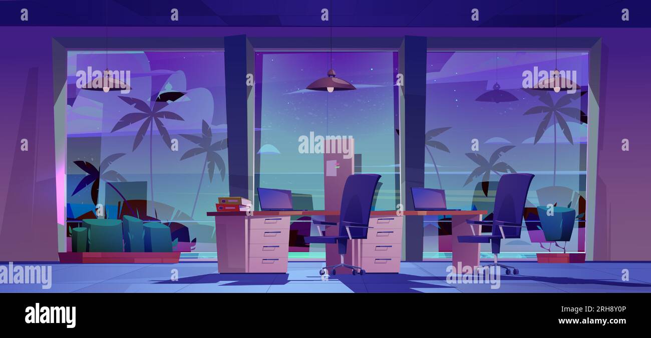 Office interior with computers at night. Empty dark room with desks, laptops, chairs and windows with view to sea beach landscape with palm trees, vector cartoon illustration Stock Vector