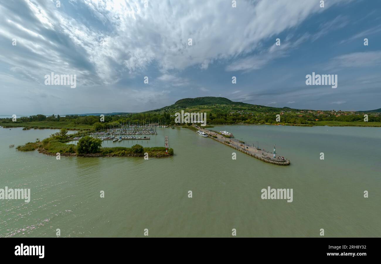 Port of Badacsonytomaj Hungary. There are many yachts sailboats and ferry too. This town is on the North side of Lake Balaton in Balaton uplands regio Stock Photo