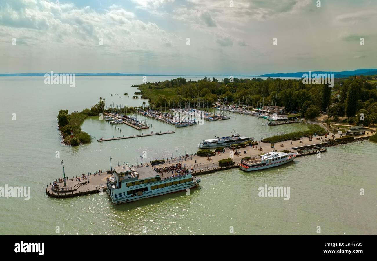 Port of Badacsonytomaj Hungary. There are many yachts sailboats and ferry too. This town is on the North side of Lake Balaton in Balaton uplands regio Stock Photo