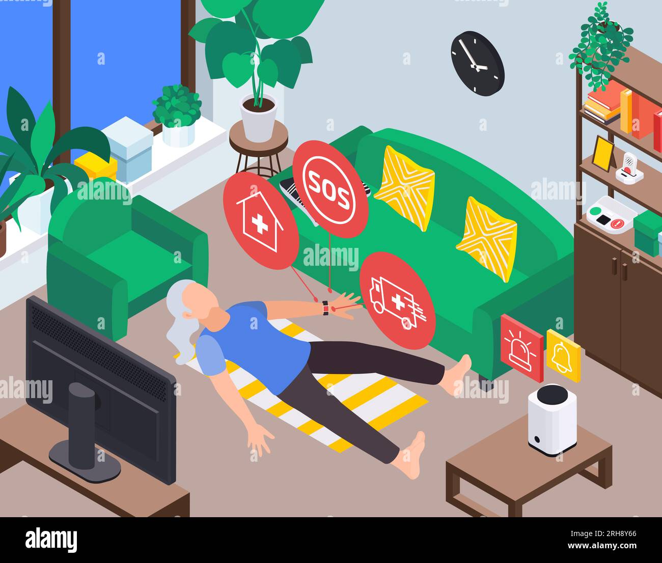 Senior medical emergency alert systems service isometric composition with fallen elderly woman with gadgets sending signals vector illustration Stock Vector