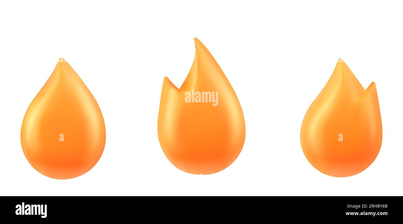 Fire flame emoji icon 3d vector illustration set. Various orange sprite