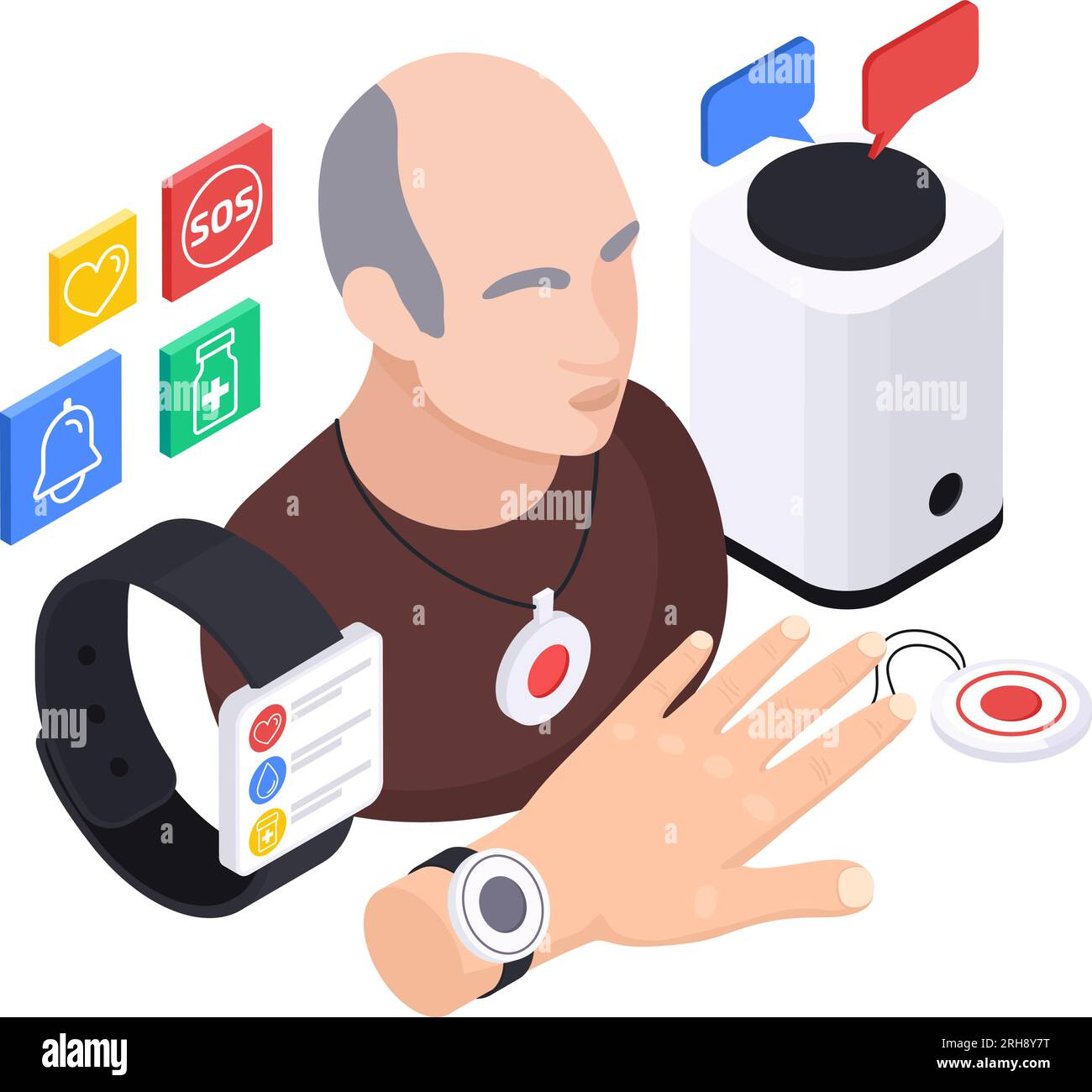 Senior medical emergency alert systems service isometric composition