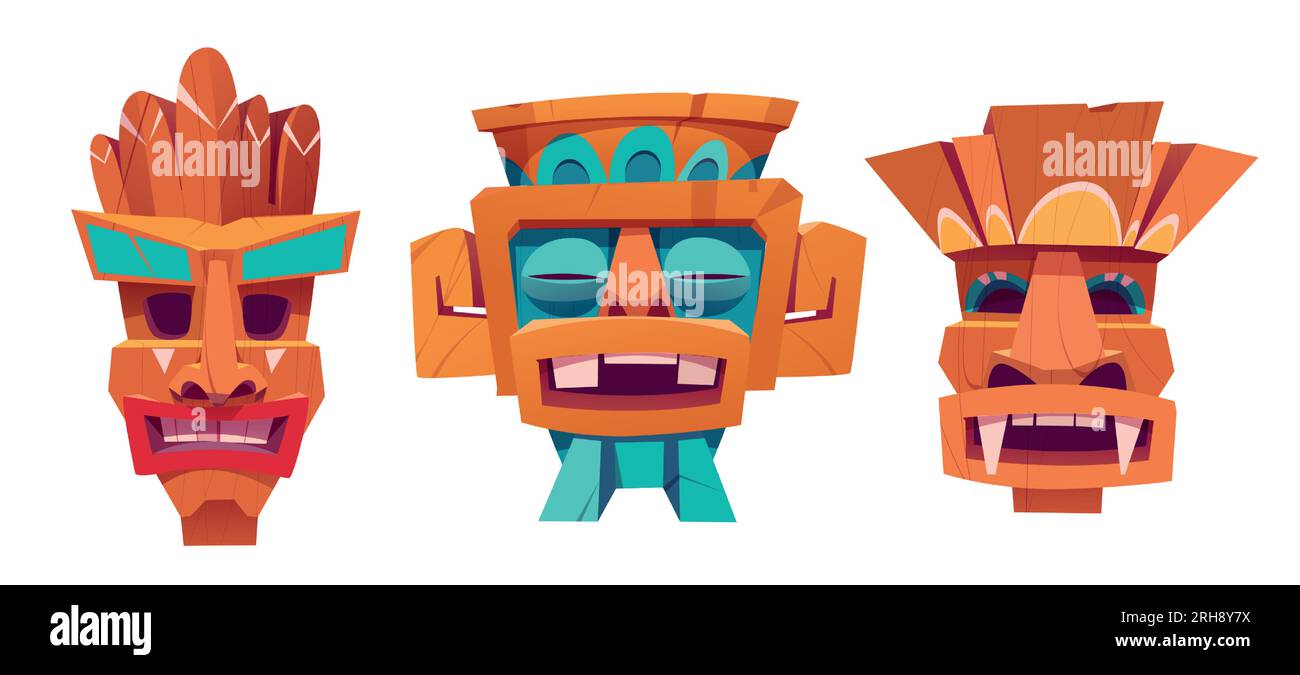 Cartoon set of tiki masks isolated on white background. Vector