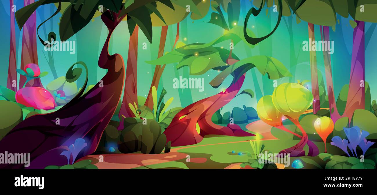 Mysterious forest landscape with fantastic plants glowing in night darkness. Vector cartoon illustration of magic tree, mushrooms and flowers growing on glade. Nature on alien planet. Game background Stock Vector