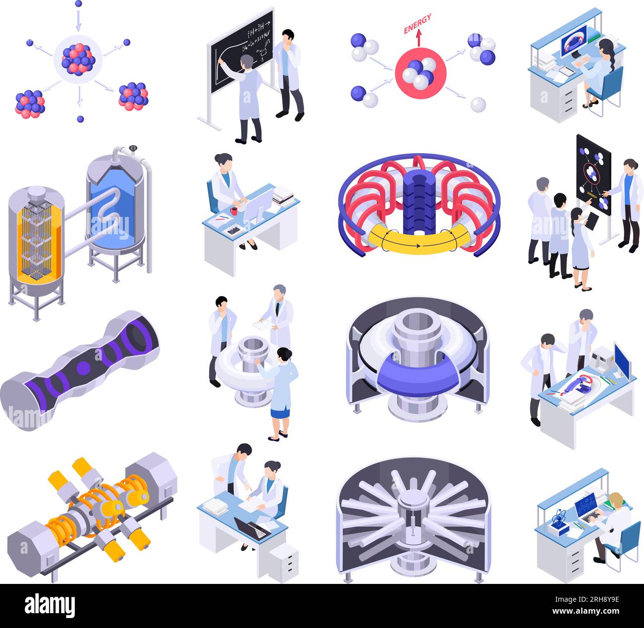 Nuclear energy fusion fission isometric set with isolated icons of
