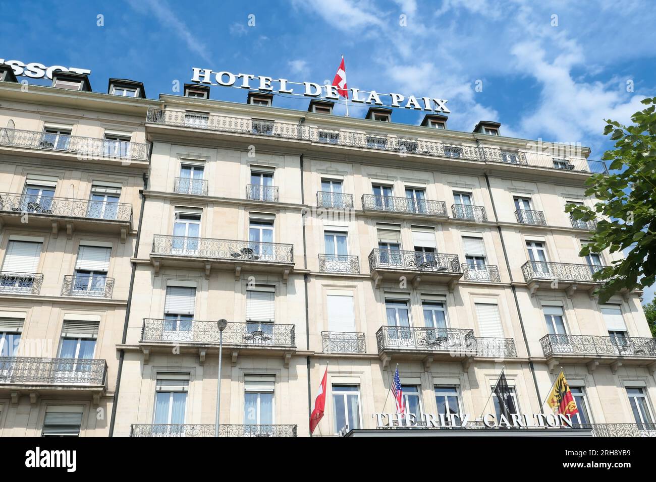 Geneva, switzerland. August 13. 2023. Famous Ritz Carlton hotel de la Paix, dating from the 19th century located near Lake Geneva. Stock Photo