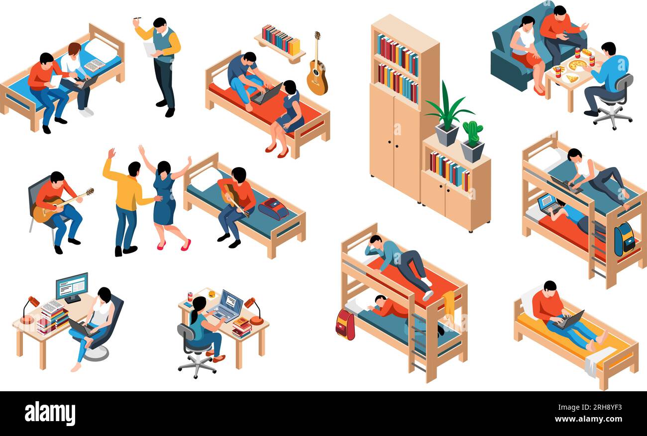 Student dormitory isometric set of furniture items and teens characters studying resting and sleeping isolated vector illustration Stock Vector