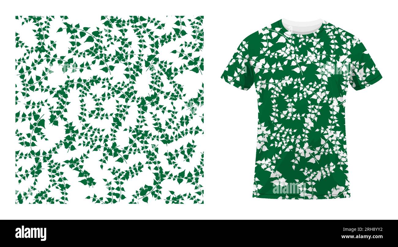 Short sleeved cotton sports t shirt decorated Thin birch twigs and green leaves seamless pattern. Floral ornament. Comfortable summer clothes. Vector Stock Vector