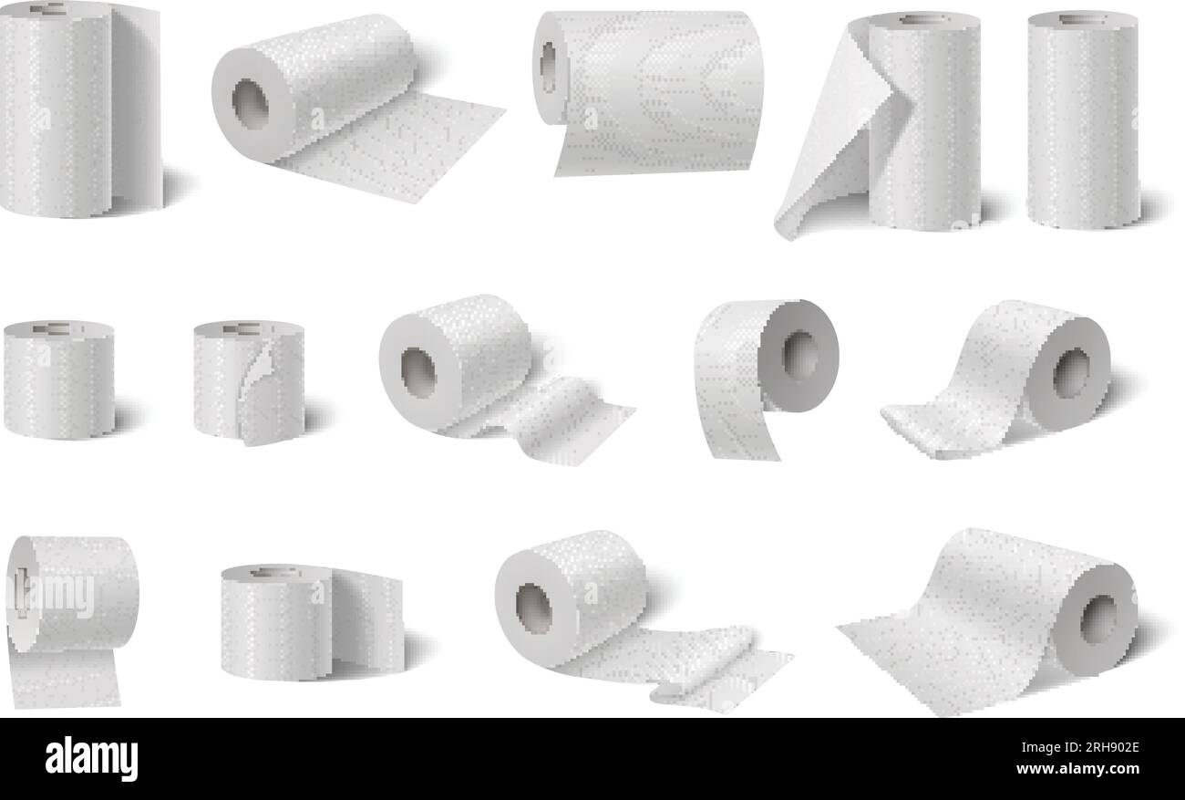 Toilet paper kitchen towels rolls set with isolated icons and realistic