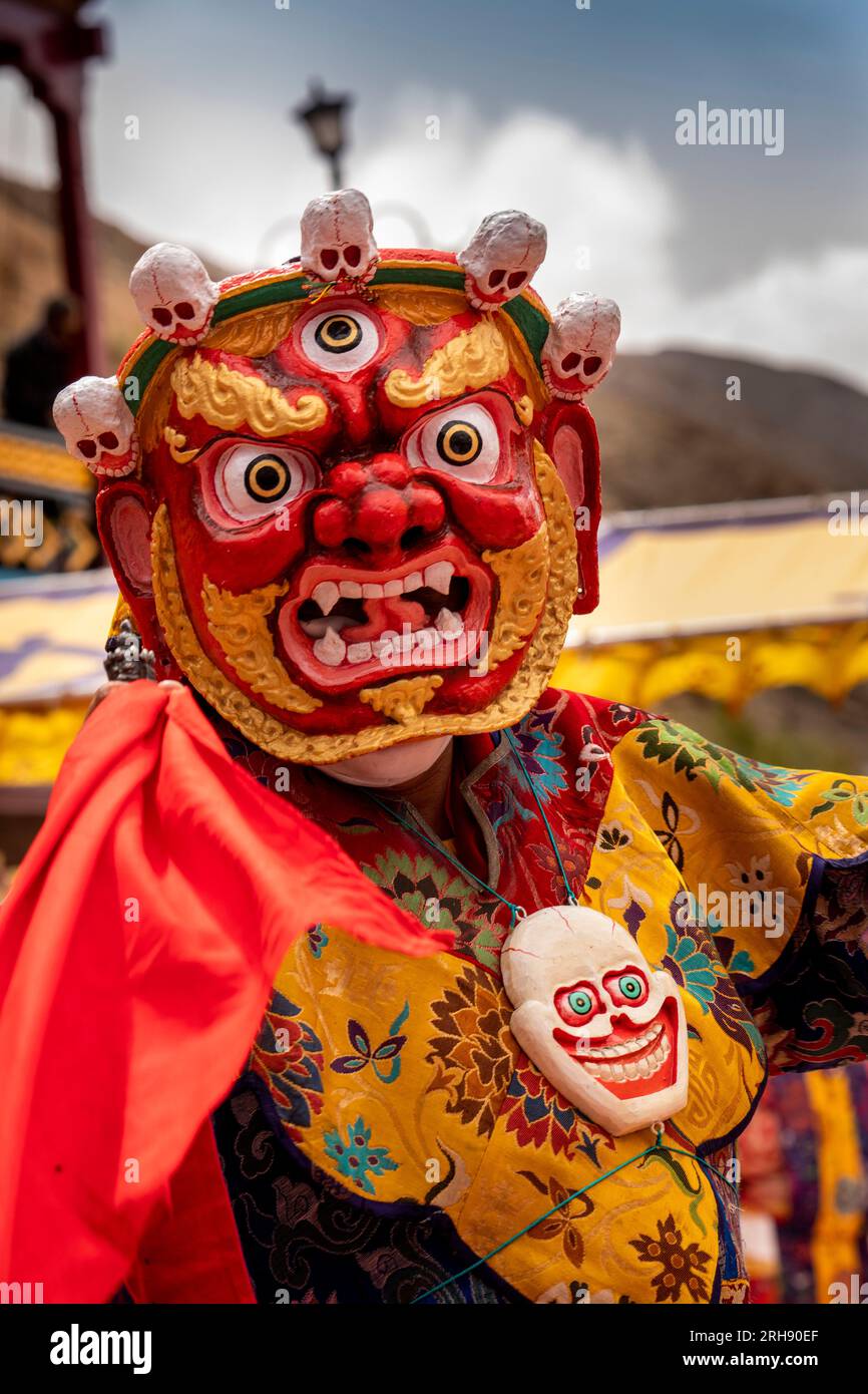 India, Ladakh, Leh Valley, Sakti, Takthok, Tak tok Tsechu, festival, fierce red masked Mahakala Cham dancer Stock Photo