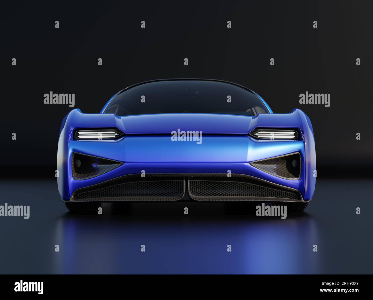 Front view of Blue Electric Car isolated on black background. Generic design, 3D rendering image. Stock Photo