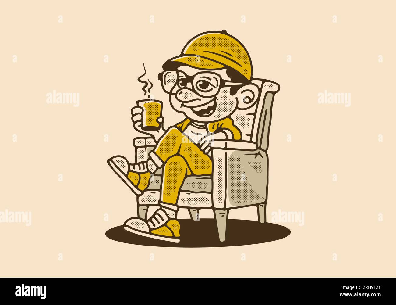 illustration of a man relaxing on a chair and holding a cup of coffee Stock Vector