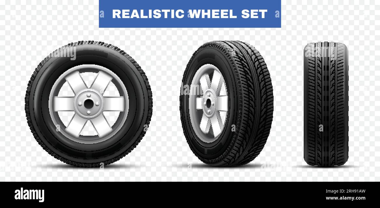 Three views of car wheel tire from different angles at transparent