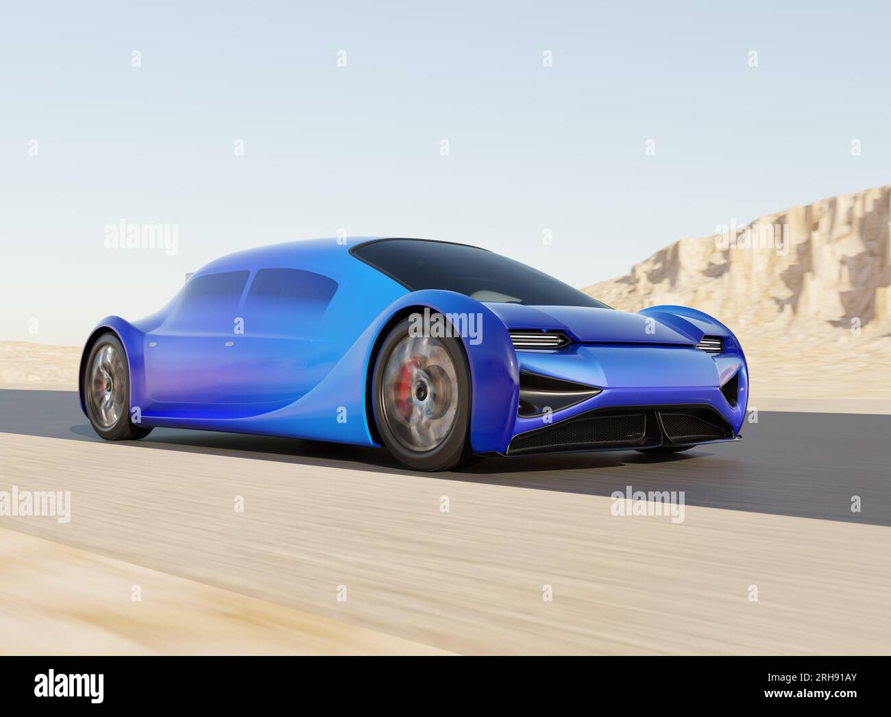 Futuristic Blue Electric Car driving on road with desert background. Generic design, 3D rendering image. Stock Photo