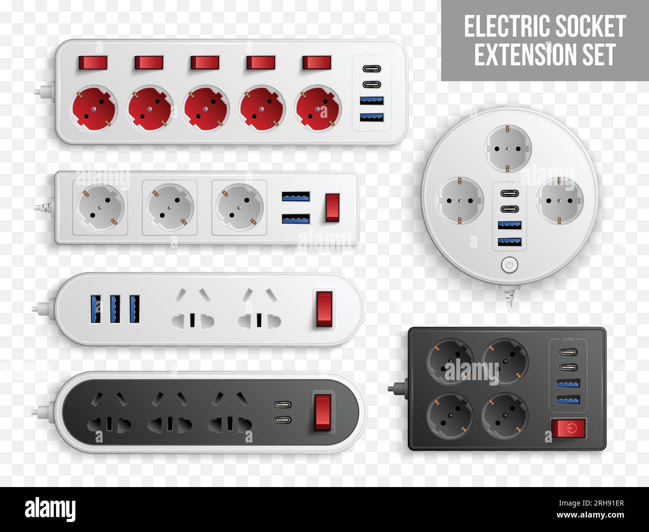 Various electric socket extension cord realistic set at transparent